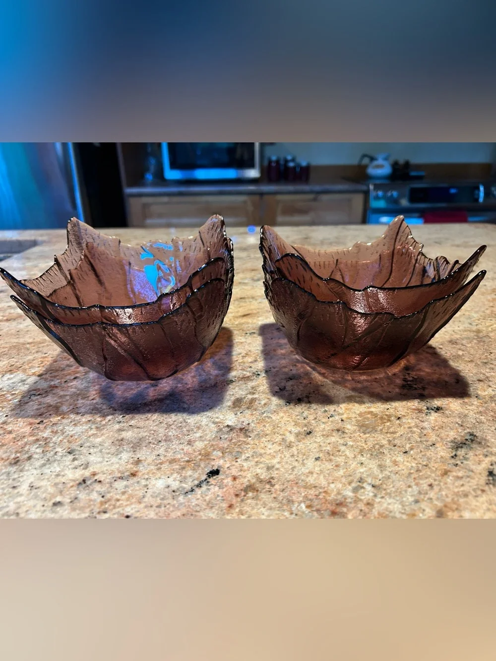 Arcoroc France (4) Set Amethyst Glass Cabbage/Sculpted Leaf Bowls 5.5”x3.5”